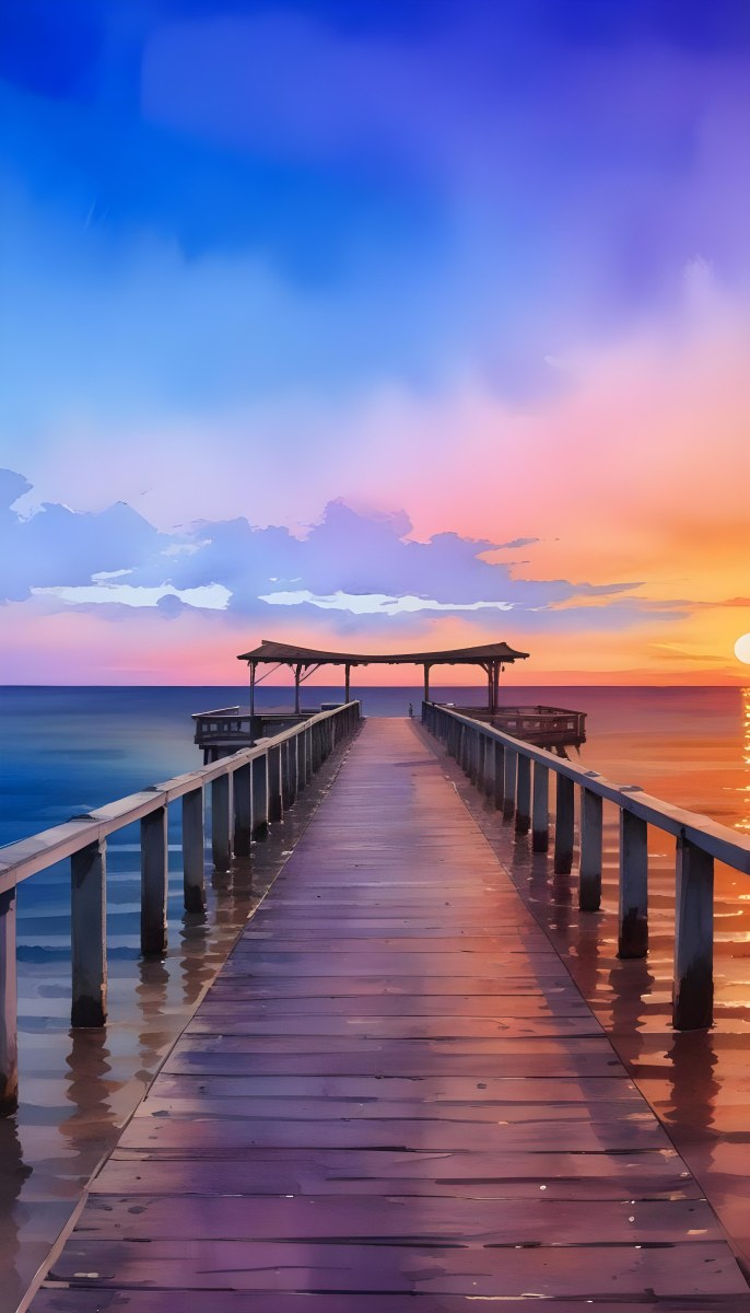 A Wooden Pier With A Roof Over The Ocean At Sunset The Sky Is A Mix Of Pink Purple And Orange The Water Is Calm And Blue 27 3229