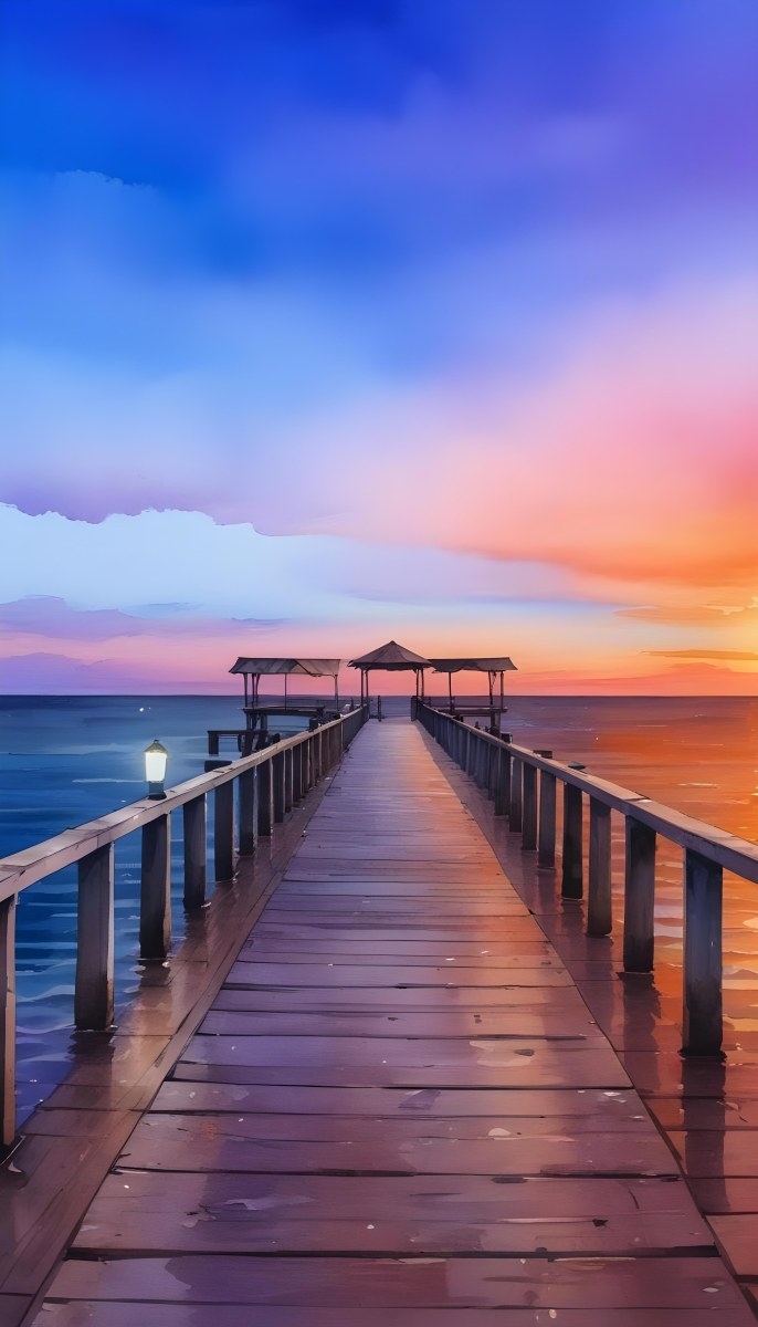 A Wooden Pier With A Roof Over The Ocean At Sunset The Sky Is A Mix Of Pink Purple And Orange The Water Is Calm And Blue 28 C138
