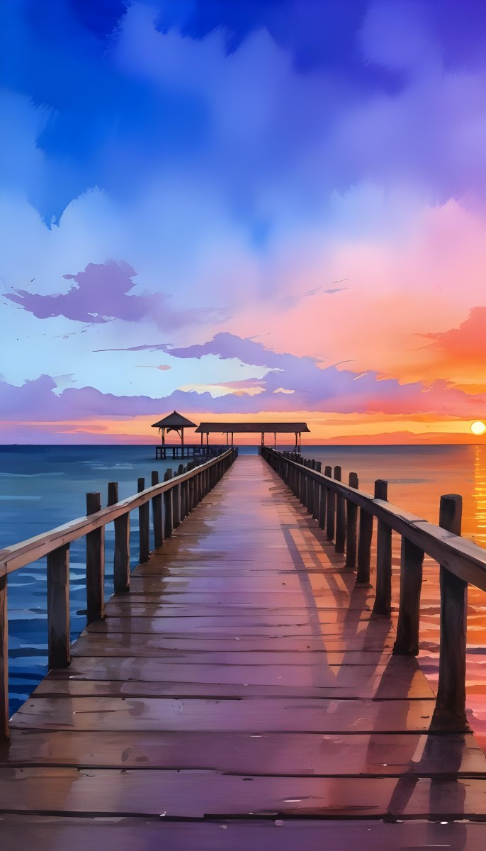 A Wooden Pier With A Roof Over The Ocean At Sunset The Sky Is A Mix Of Pink Purple And Orange The Water Is Calm And Blue 29 94bd