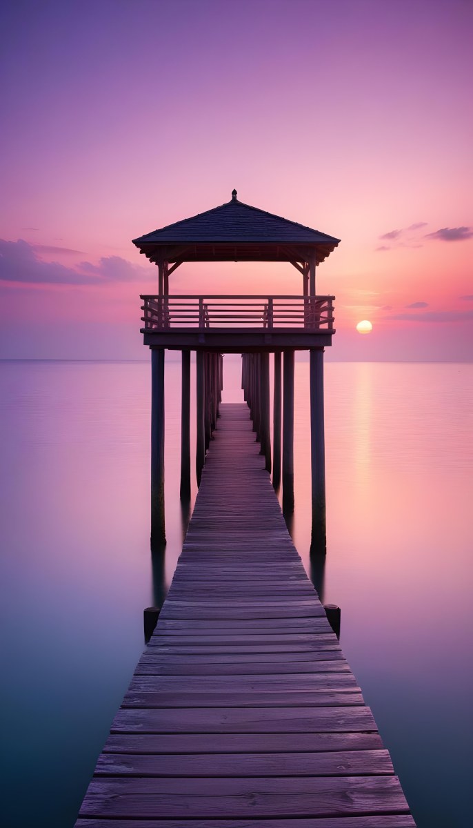 A Wooden Pier With A Roof Over The Ocean At Sunset The Sky Is A Mix Of Pink Purple And Orange The Water Is Calm And Blue 3 F76d