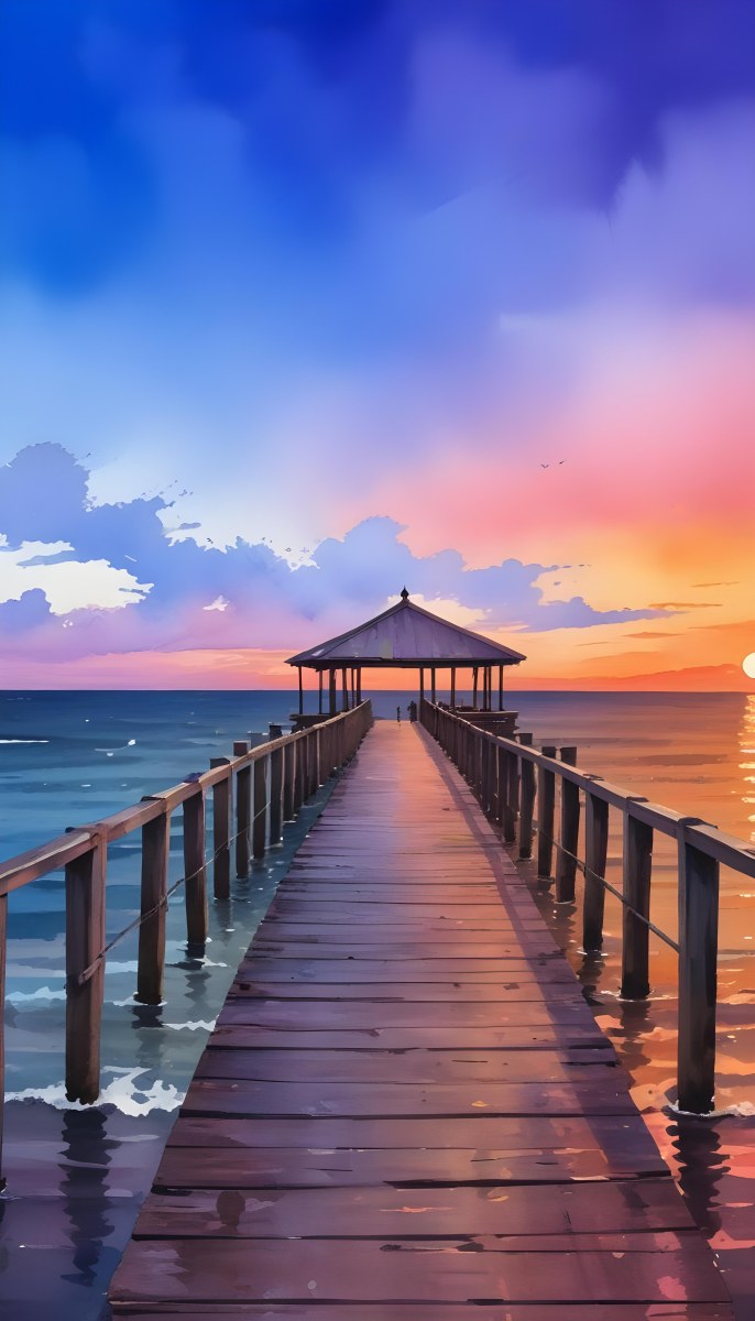 A Wooden Pier With A Roof Over The Ocean At Sunset The Sky Is A Mix Of Pink Purple And Orange The Water Is Calm And Blue 30 3f1a