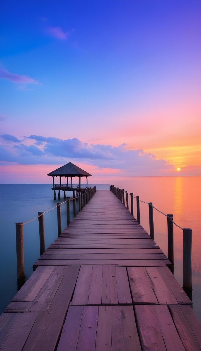 A Wooden Pier With A Roof Over The Ocean At Sunset The Sky Is A Mix Of Pink Purple And Orange The Water Is Calm And Blue 4 42a3