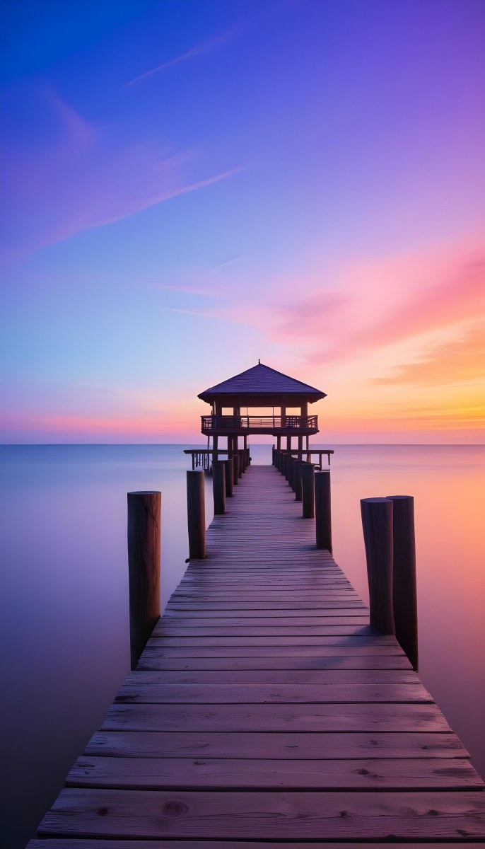 A Wooden Pier With A Roof Over The Ocean At Sunset The Sky Is A Mix Of Pink Purple And Orange The Water Is Calm And Blue 5 3e7d
