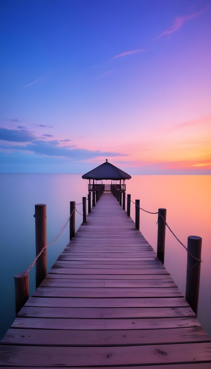 A Wooden Pier With A Roof Over The Ocean At Sunset The Sky Is A Mix Of Pink Purple And Orange The Water Is Calm And Blue 8 B0be