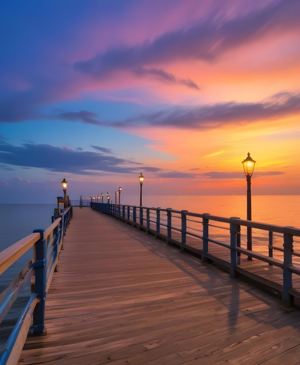 A Wooden Pier With Blue Railings And Lampposts Stretching Into The Ocean At Sunset The Sky Is A Mix Of Orange Pink And Blue 12 3321