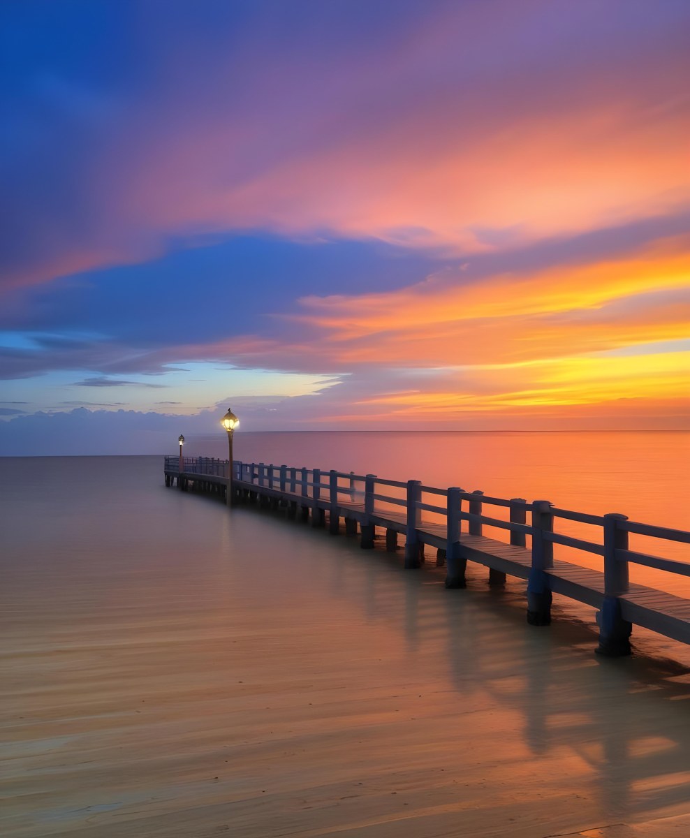 A Wooden Pier With Blue Railings And Lampposts Stretching Into The Ocean At Sunset The Sky Is A Mix Of Orange Pink And Blue 17 524d