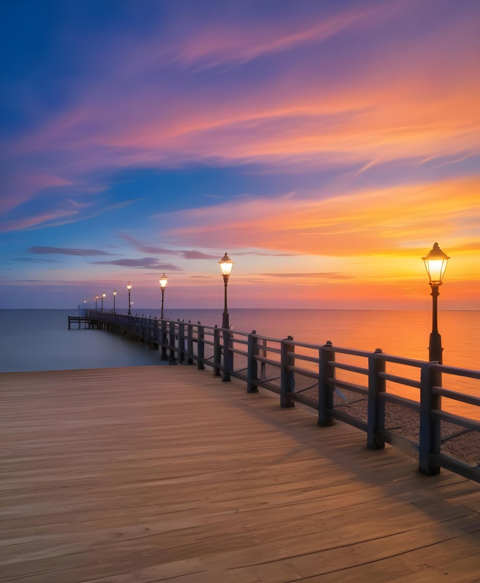 A Wooden Pier With Blue Railings And Lampposts Stretching Into The Ocean At Sunset The Sky Is A Mix Of Orange Pink And Blue 21 0e2c