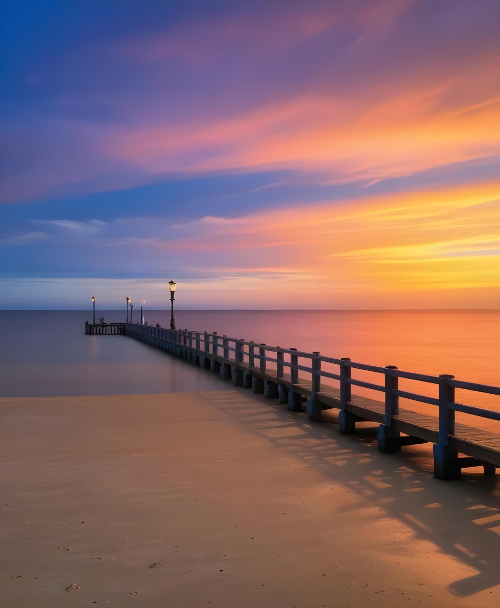 A Wooden Pier With Blue Railings And Lampposts Stretching Into The Ocean At Sunset The Sky Is A Mix Of Orange Pink And Blue 25 C086