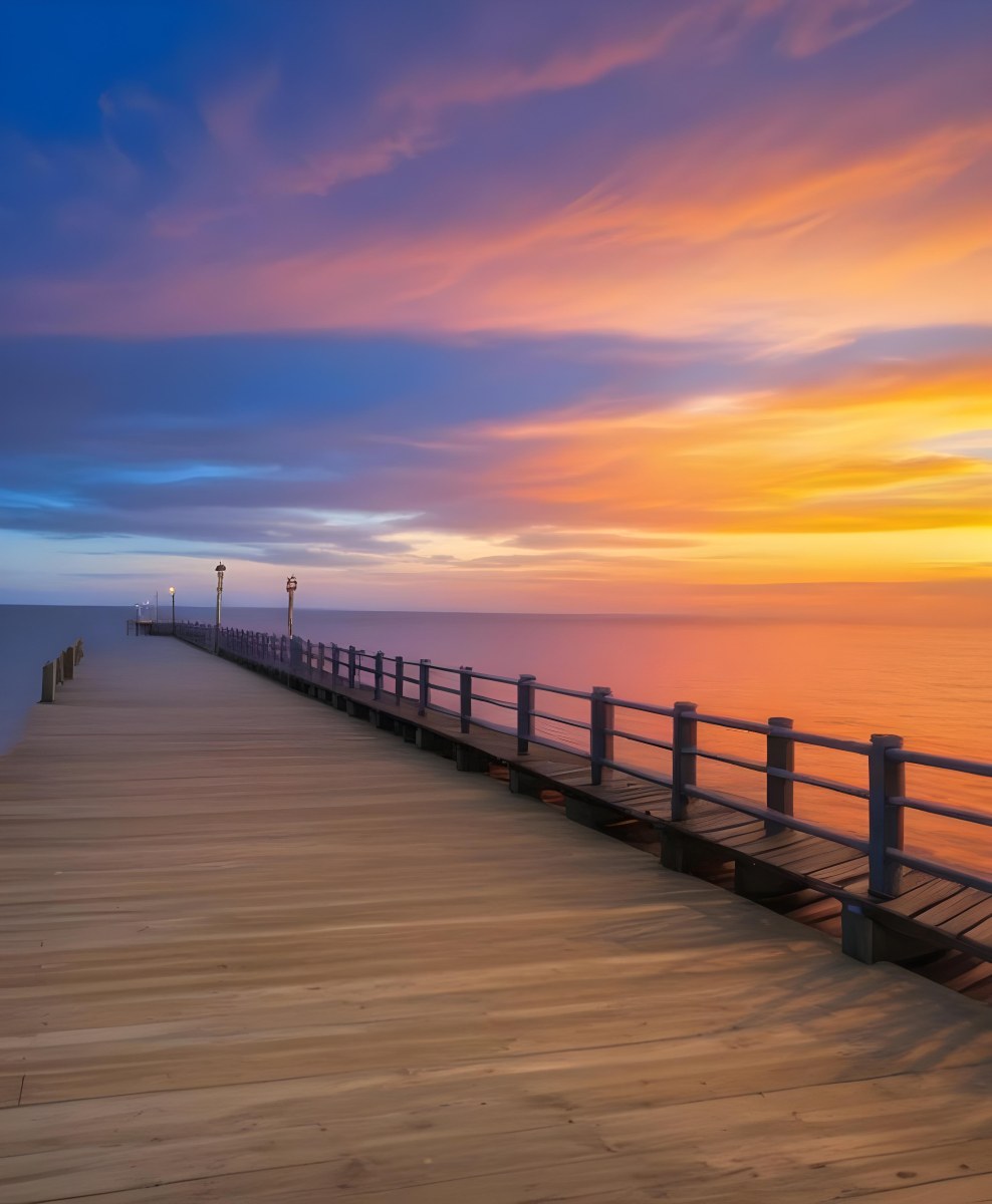 A Wooden Pier With Blue Railings And Lampposts Stretching Into The Ocean At Sunset The Sky Is A Mix Of Orange Pink And Blue 30 12d5