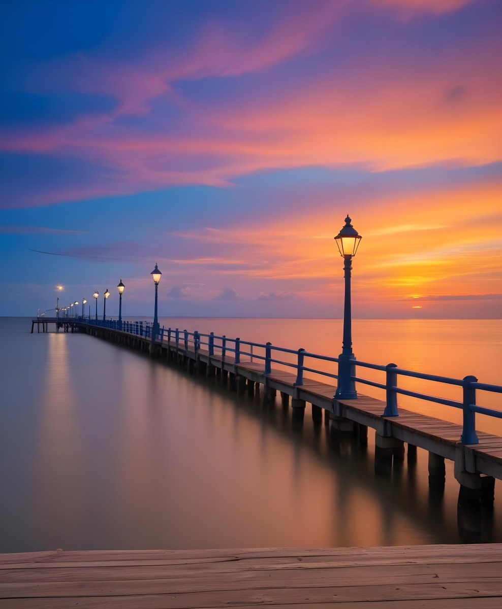 A Wooden Pier With Blue Railings And Lampposts Stretching Into The Ocean At Sunset The Sky Is A Mix Of Orange Pink And Blue 4 5412