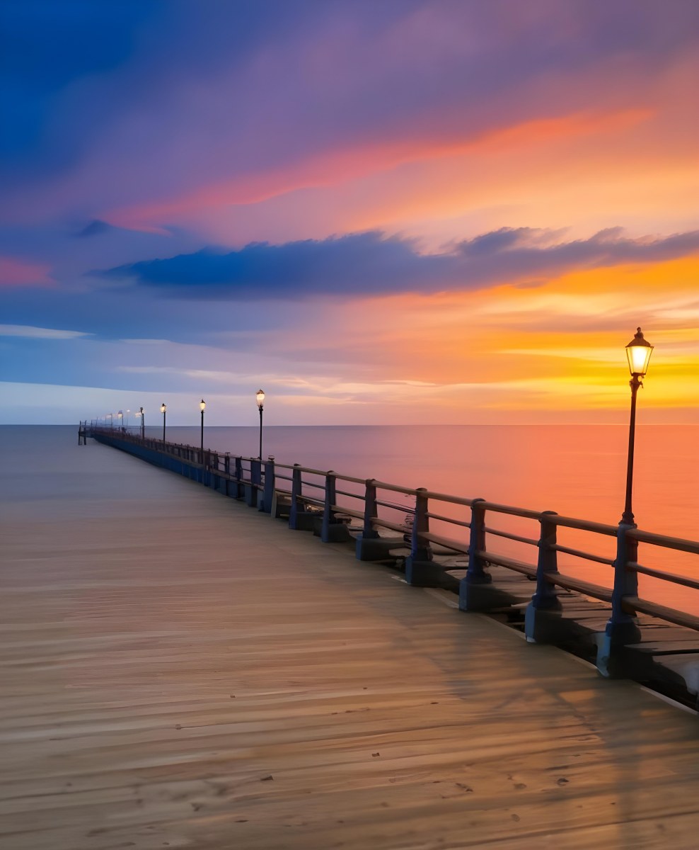 A Wooden Pier With Blue Railings And Lampposts Stretching Into The Ocean At Sunset The Sky Is A Mix Of Orange Pink And Blue 47 C1f4