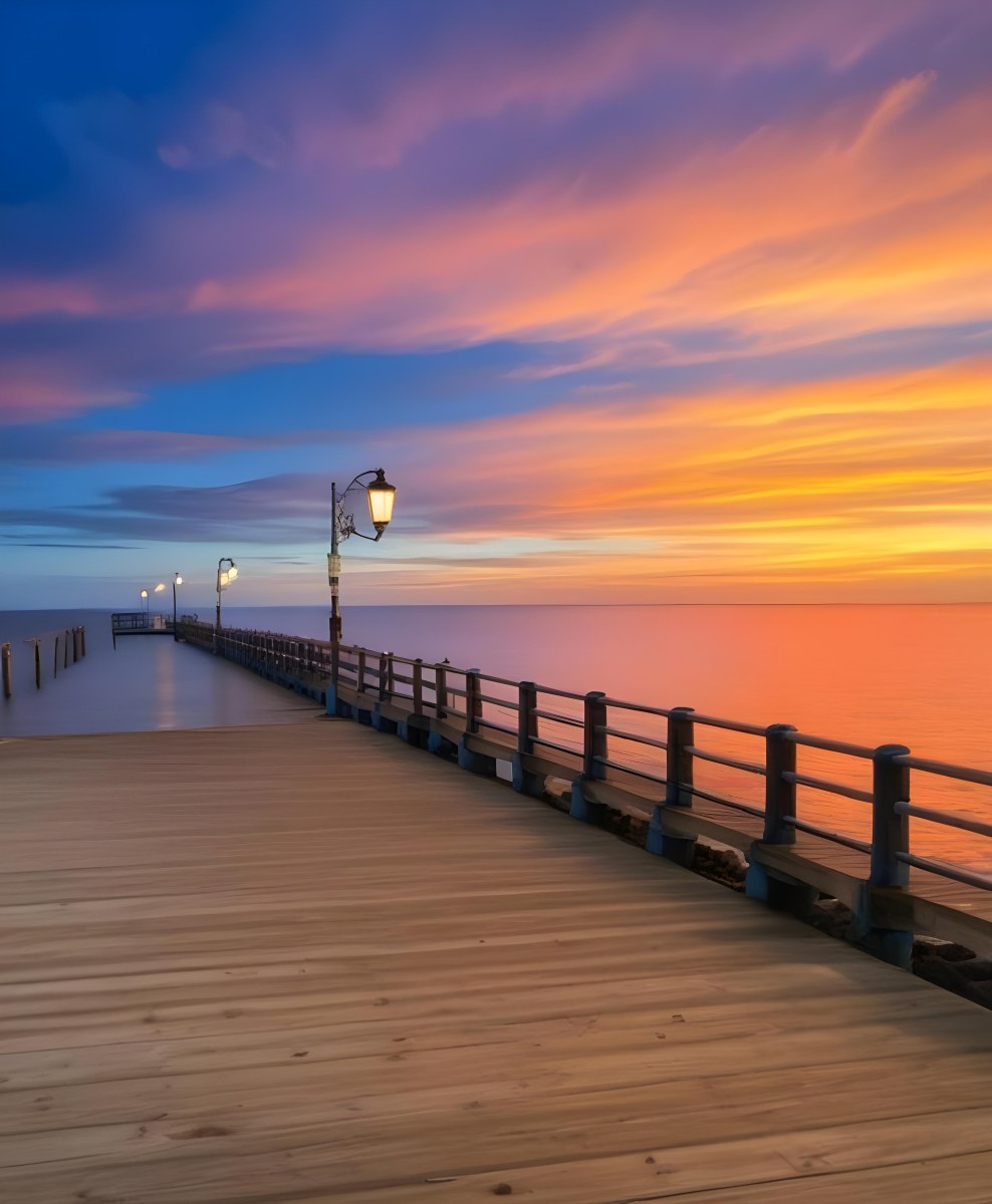 A Wooden Pier With Blue Railings And Lampposts Stretching Into The Ocean At Sunset The Sky Is A Mix Of Orange Pink And Blue 48 C7e8