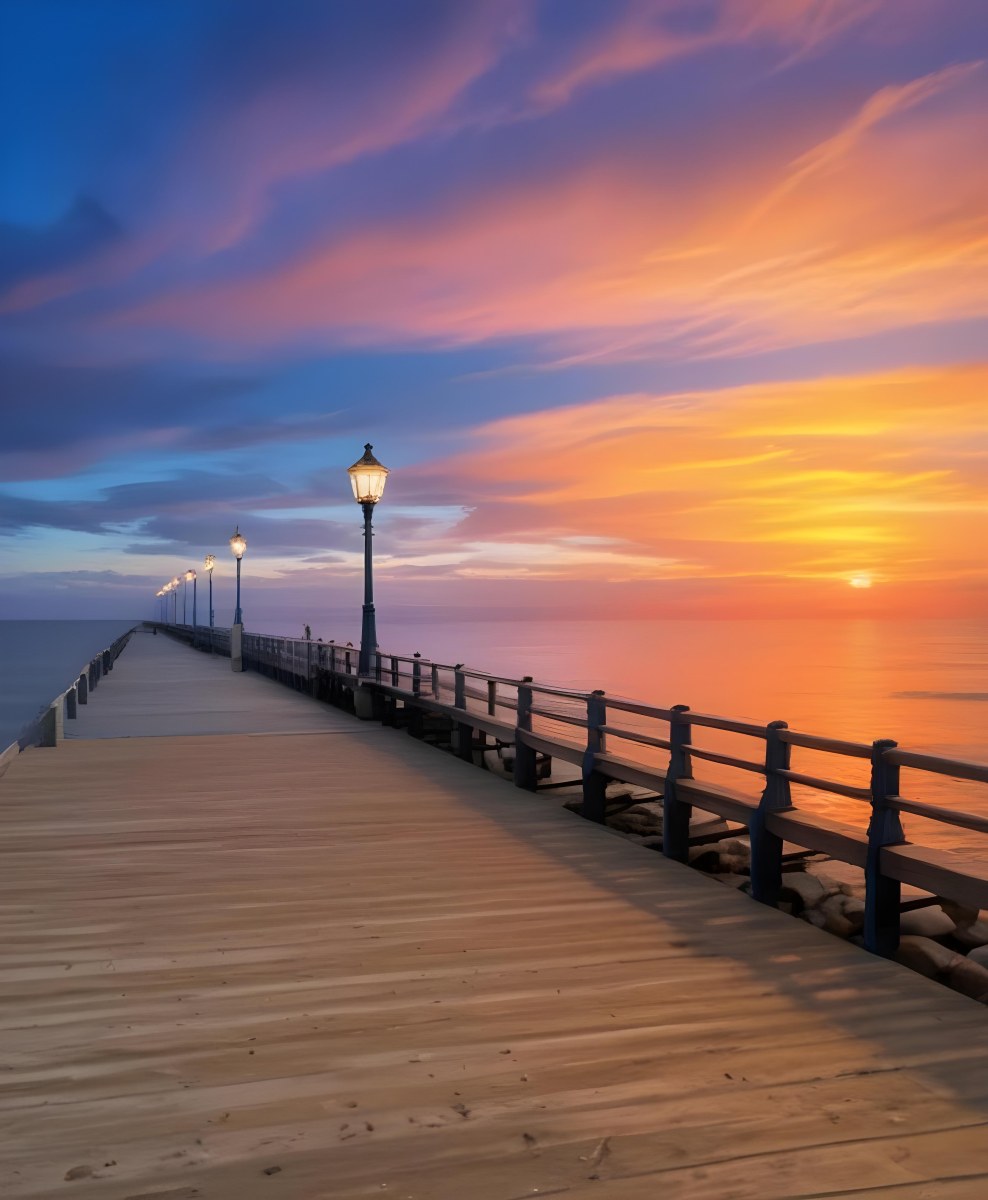 A Wooden Pier With Blue Railings And Lampposts Stretching Into The Ocean At Sunset The Sky Is A Mix Of Orange Pink And Blue 49 1f10