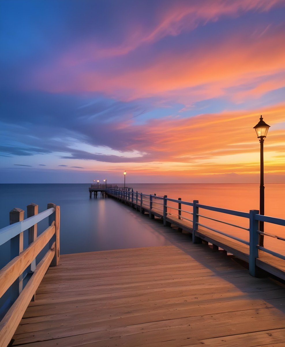 A Wooden Pier With Blue Railings And Lampposts Stretching Into The Ocean At Sunset The Sky Is A Mix Of Orange Pink And Blue 5 3078
