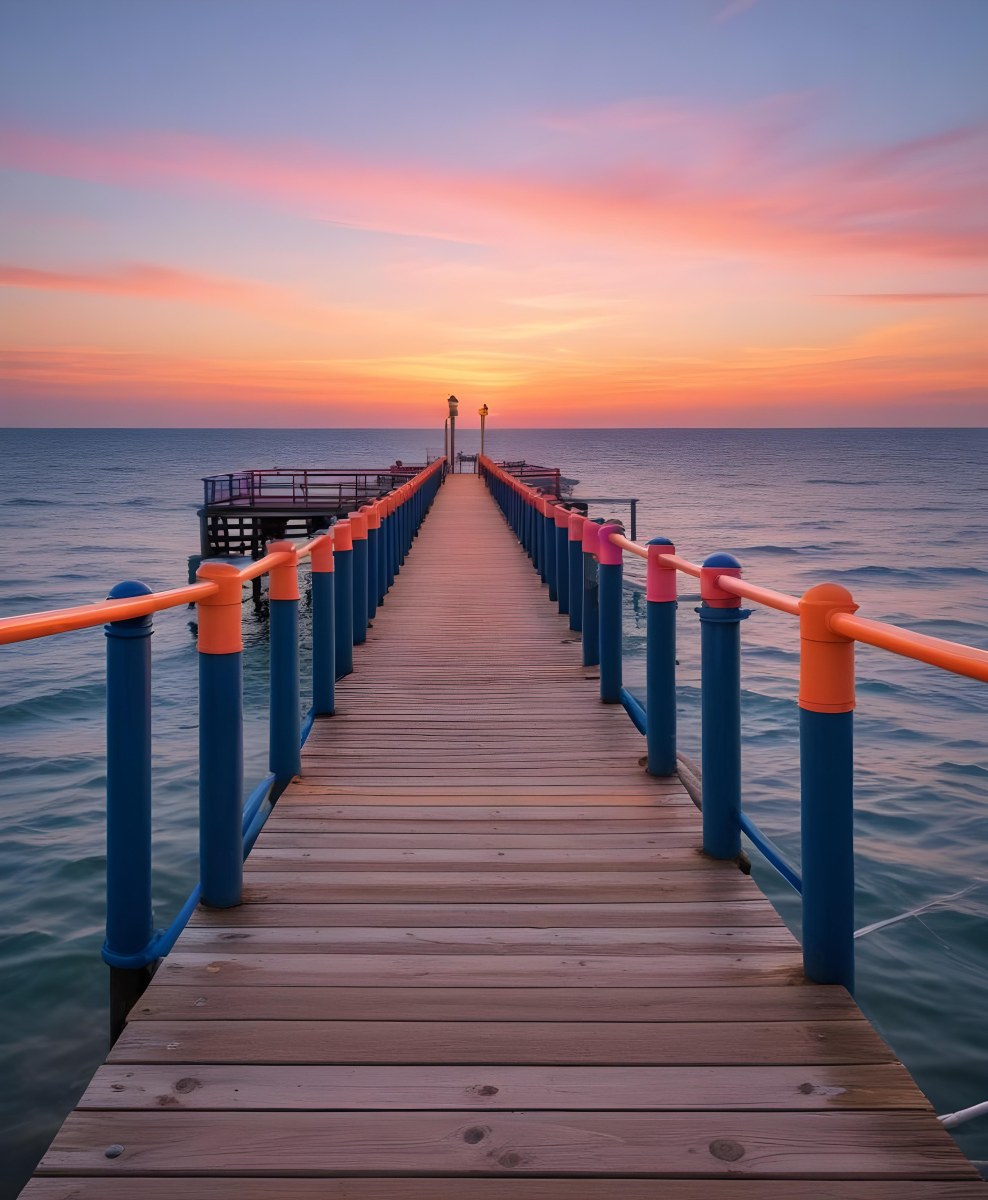 A Wooden Pier With Blue Railings And Lampposts Stretching Into The Ocean At Sunset The Sky Is A Mix Of Orange Pink And Blue 50 F7d5