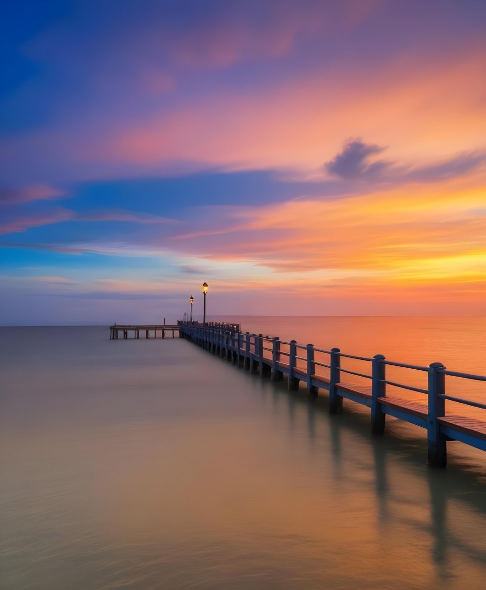 A Wooden Pier With Blue Railings And Lampposts Stretching Into The Ocean At Sunset The Sky Is A Mix Of Orange Pink And Blue 52 3797