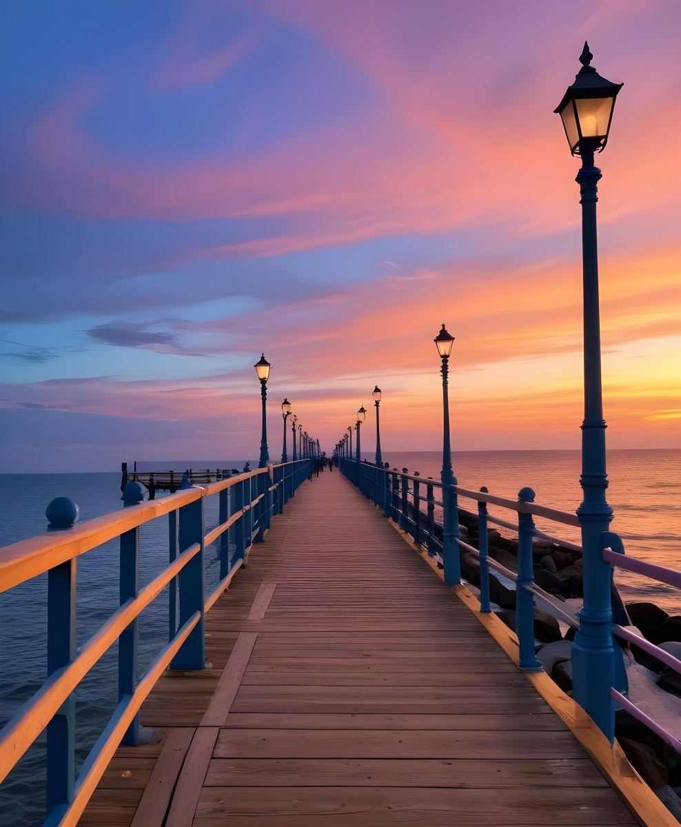 A Wooden Pier With Blue Railings And Lampposts Stretching Into The Ocean At Sunset The Sky Is A Mix Of Orange Pink And Blue 7 8ff0