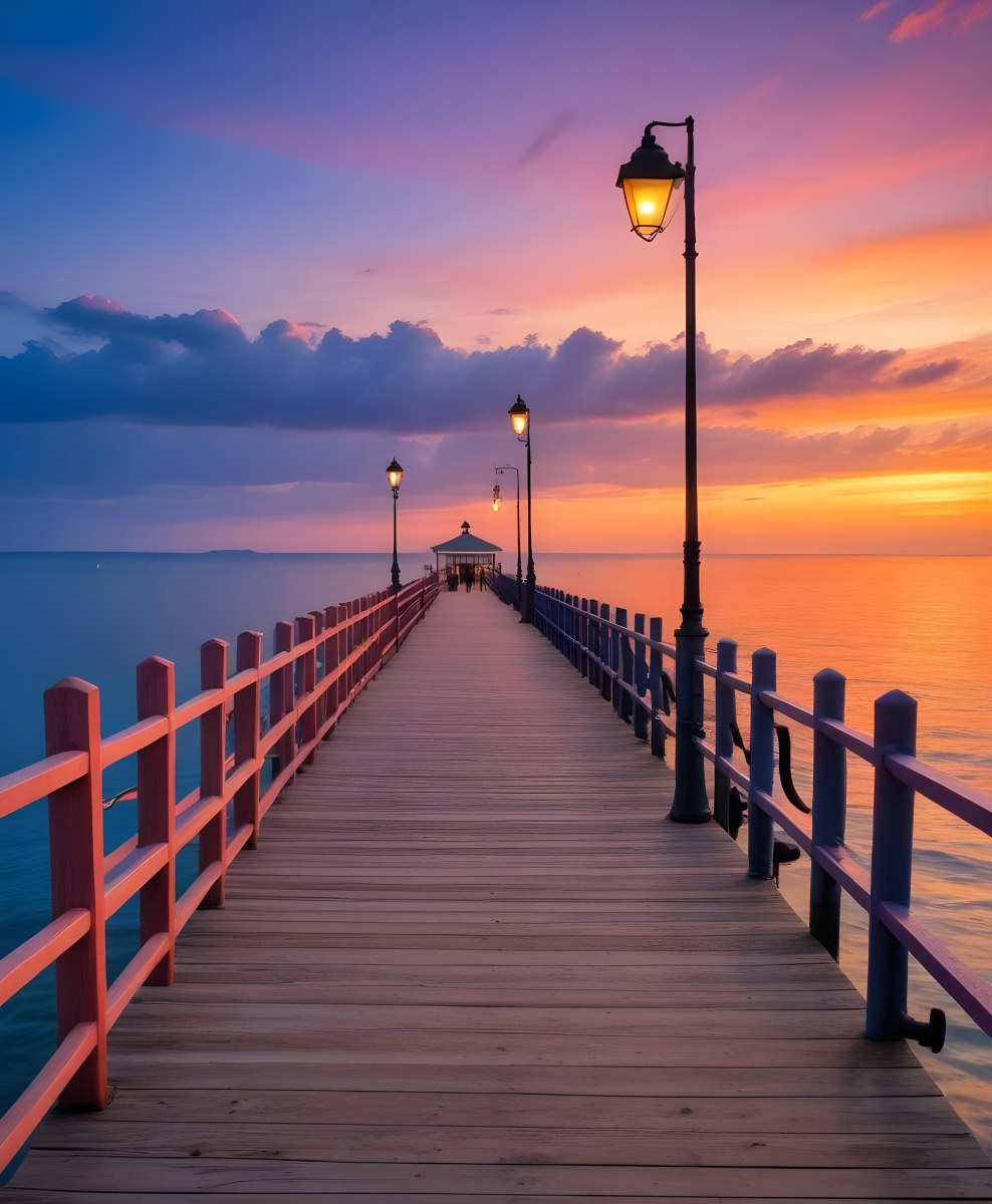 A Wooden Pier With Blue Railings And Lampposts Stretching Into The Ocean At Sunset The Sky Is A Mix Of Orange Pink And Blue 8 8cbd