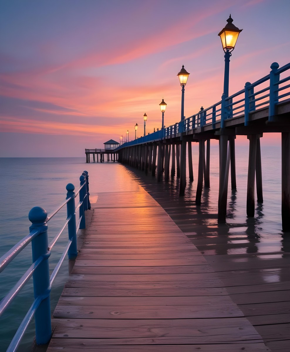 A Wooden Pier With Blue Railings And Lampposts Stretching Into The Ocean At Sunset The Sky Is A Mix Of Orange Pink And Blue 9 B043