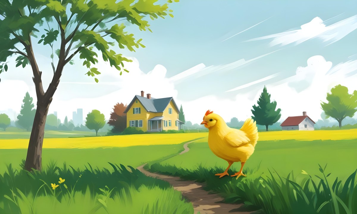 A Yellow Chick In A Green Field With A House In The Background A Path Leading To The House And A Tree Branch With Green Leaves 1 8686