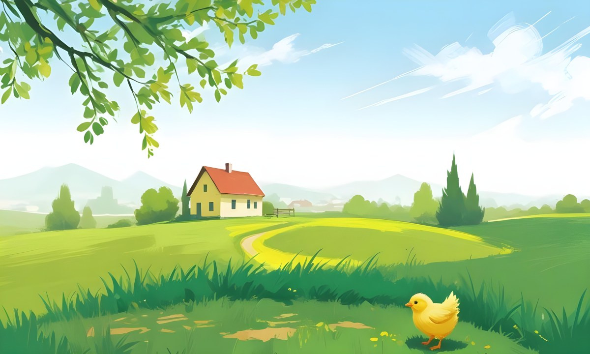 A Yellow Chick In A Green Field With A House In The Background A Path Leading To The House And A Tree Branch With Green Leaves 11 51ed
