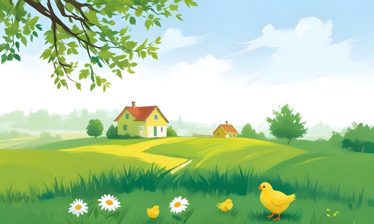 A Yellow Chick In A Green Field With A House In The Background A Path Leading To The House And A Tree Branch With Green Leaves 12 7666