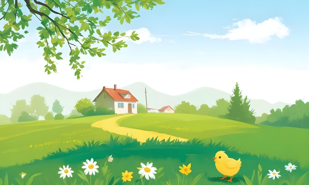 A Yellow Chick In A Green Field With A House In The Background A Path Leading To The House And A Tree Branch With Green Leaves 13 041f