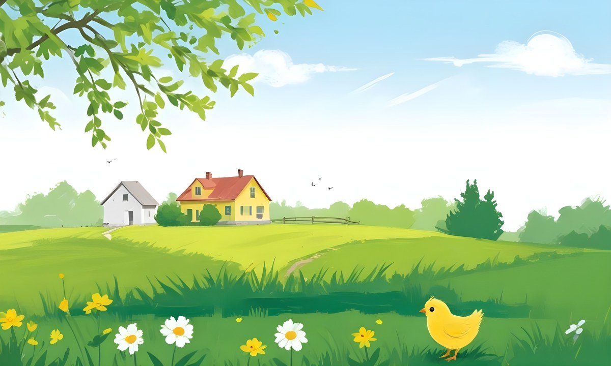 A Yellow Chick In A Green Field With A House In The Background A Path Leading To The House And A Tree Branch With Green Leaves 14 E938