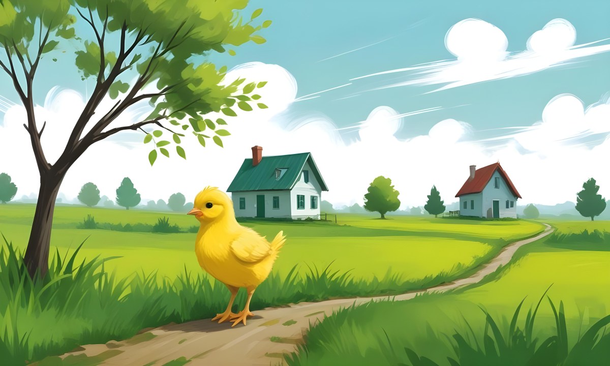 A Yellow Chick In A Green Field With A House In The Background A Path Leading To The House And A Tree Branch With Green Leaves 2 029e