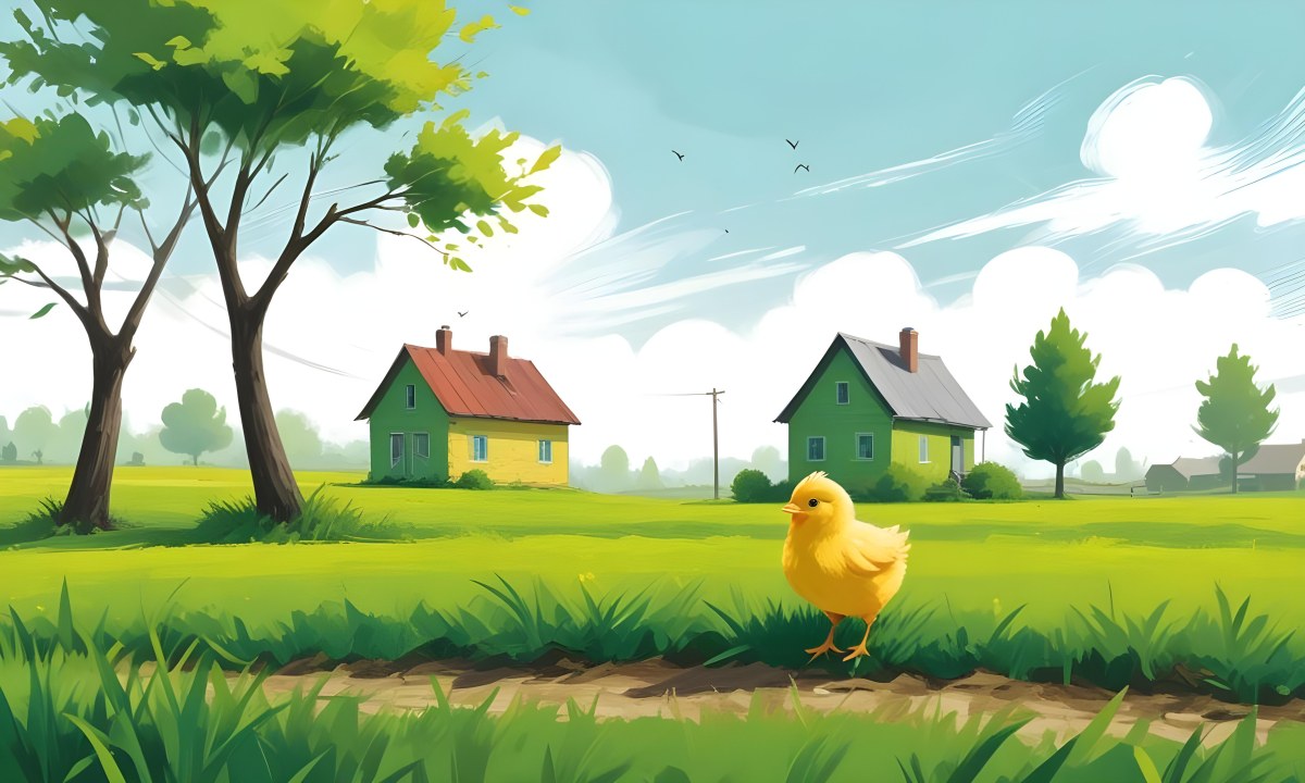 A Yellow Chick In A Green Field With A House In The Background A Path Leading To The House And A Tree Branch With Green Leaves 4 F86a