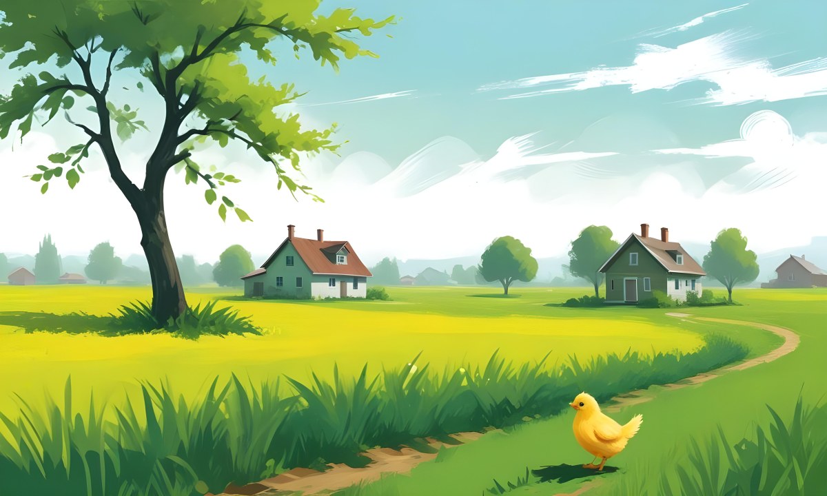 A Yellow Chick In A Green Field With A House In The Background A Path Leading To The House And A Tree Branch With Green Leaves 5 B7fa
