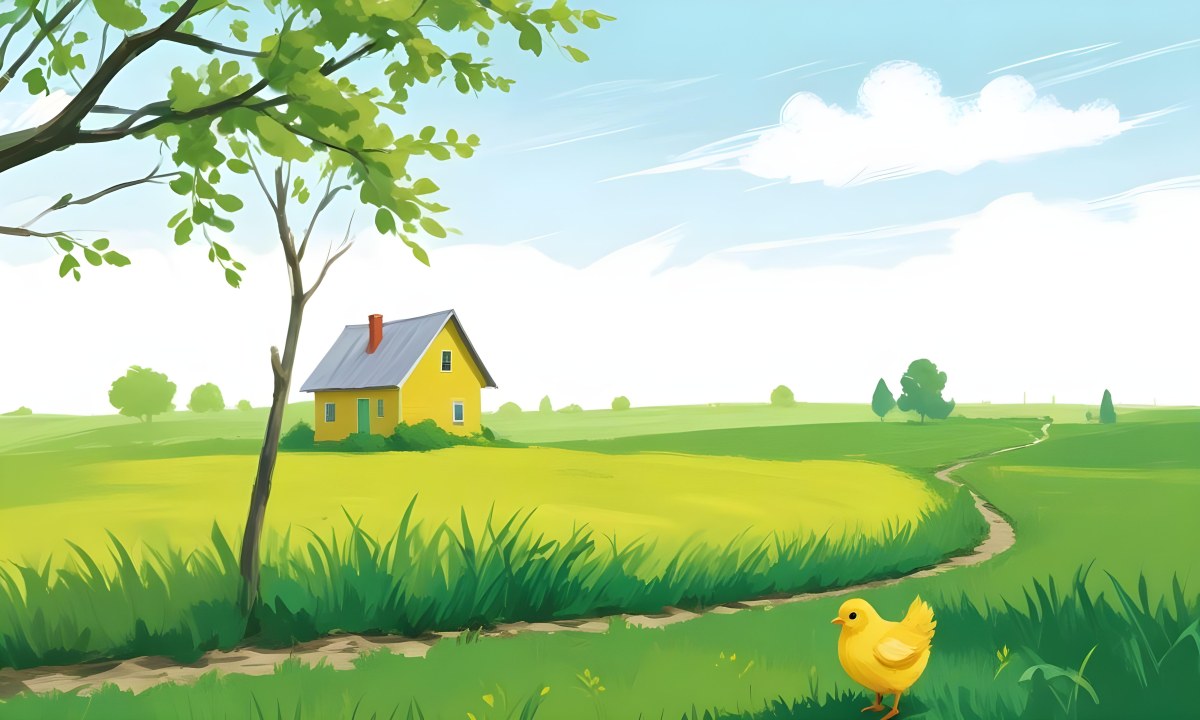 A Yellow Chick In A Green Field With A House In The Background A Path Leading To The House And A Tree Branch With Green Leaves 6 29b1