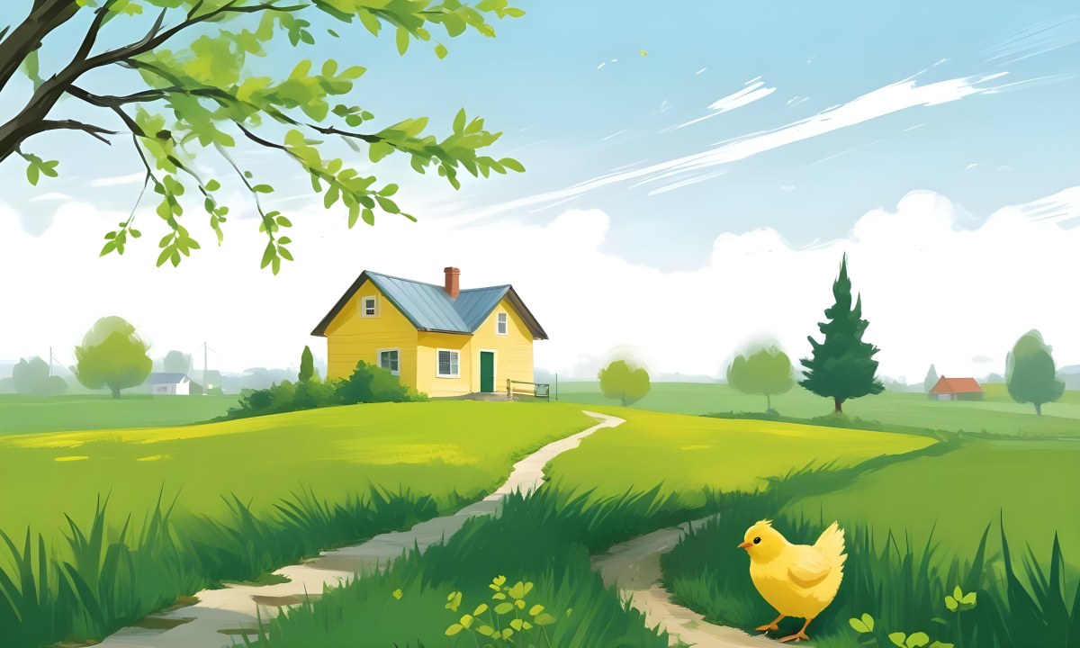 A Yellow Chick In A Green Field With A House In The Background A Path Leading To The House And A Tree Branch With Green Leaves 7 C16b