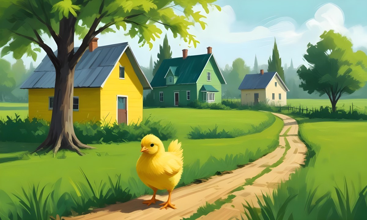 A Yellow Chick In A Green Field With A House In The Background A Path Leading To The House And A Tree Branch With Green Leaves 8 345e