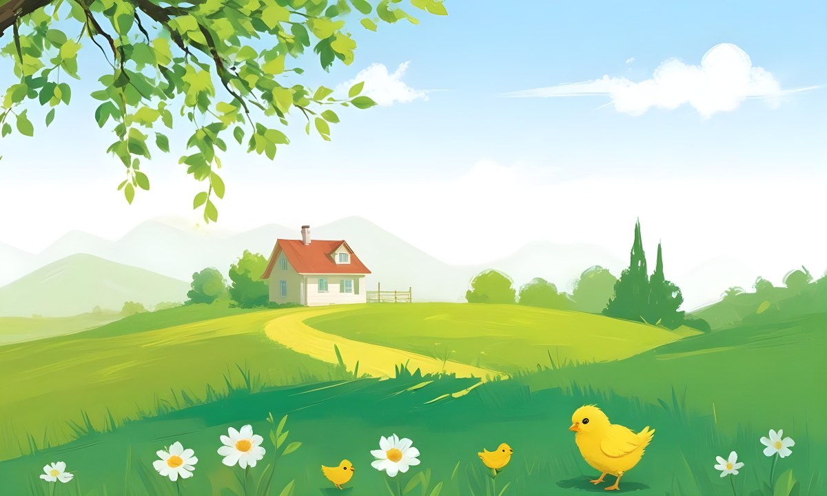 A Yellow Chick In A Green Field With A House In The Background A Path Leading To The House And A Tree Branch With Green Leaves 9 6530