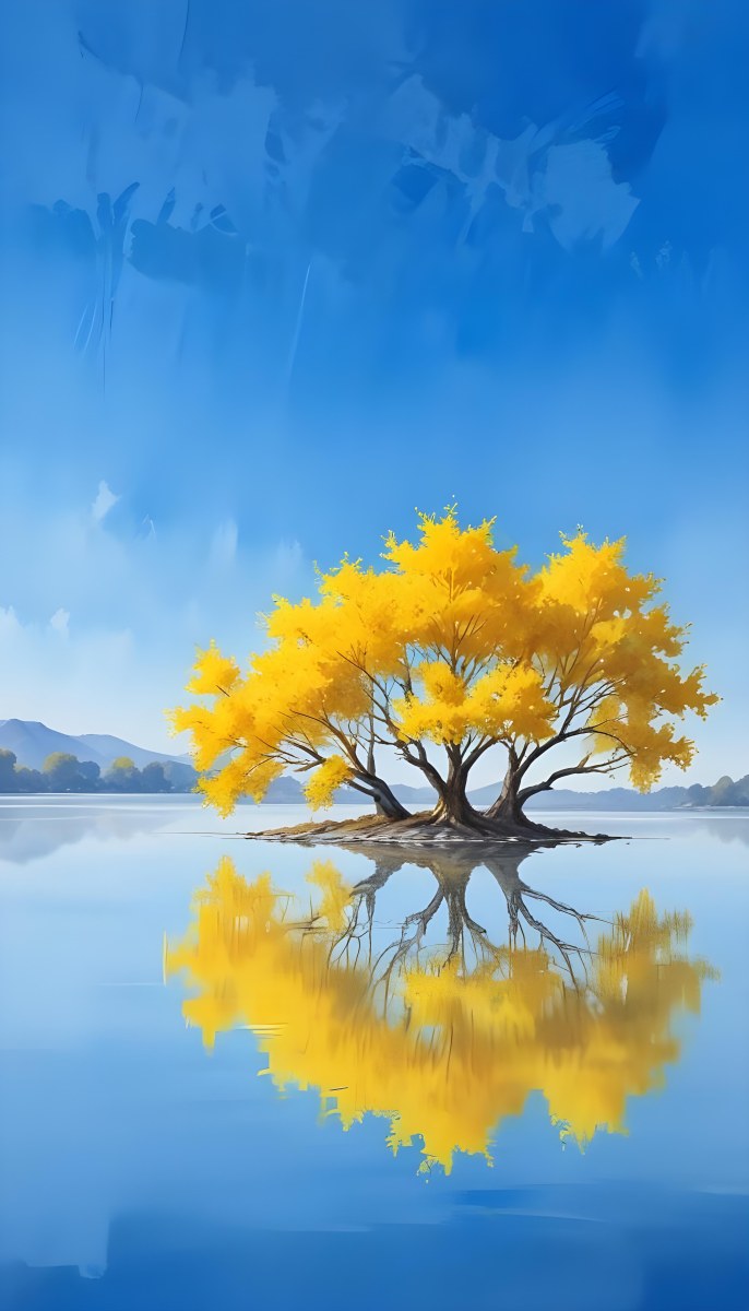 A Yellow Tree In The Middle Of A Lake With A Reflection On The Water Clear Blue Sky In The Background 1 5fff