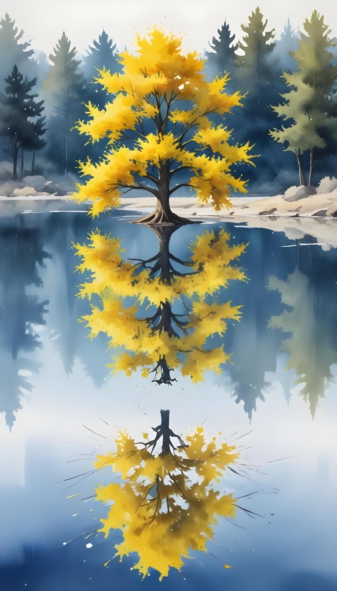 A Yellow Tree In The Middle Of A Lake With A Reflection On The Water Clear Blue Sky In The Background 15 05b6