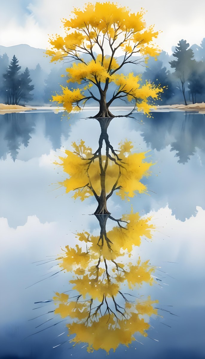 A Yellow Tree In The Middle Of A Lake With A Reflection On The Water Clear Blue Sky In The Background 17 B531