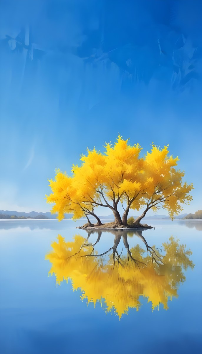 A Yellow Tree In The Middle Of A Lake With A Reflection On The Water Clear Blue Sky In The Background 19 8096
