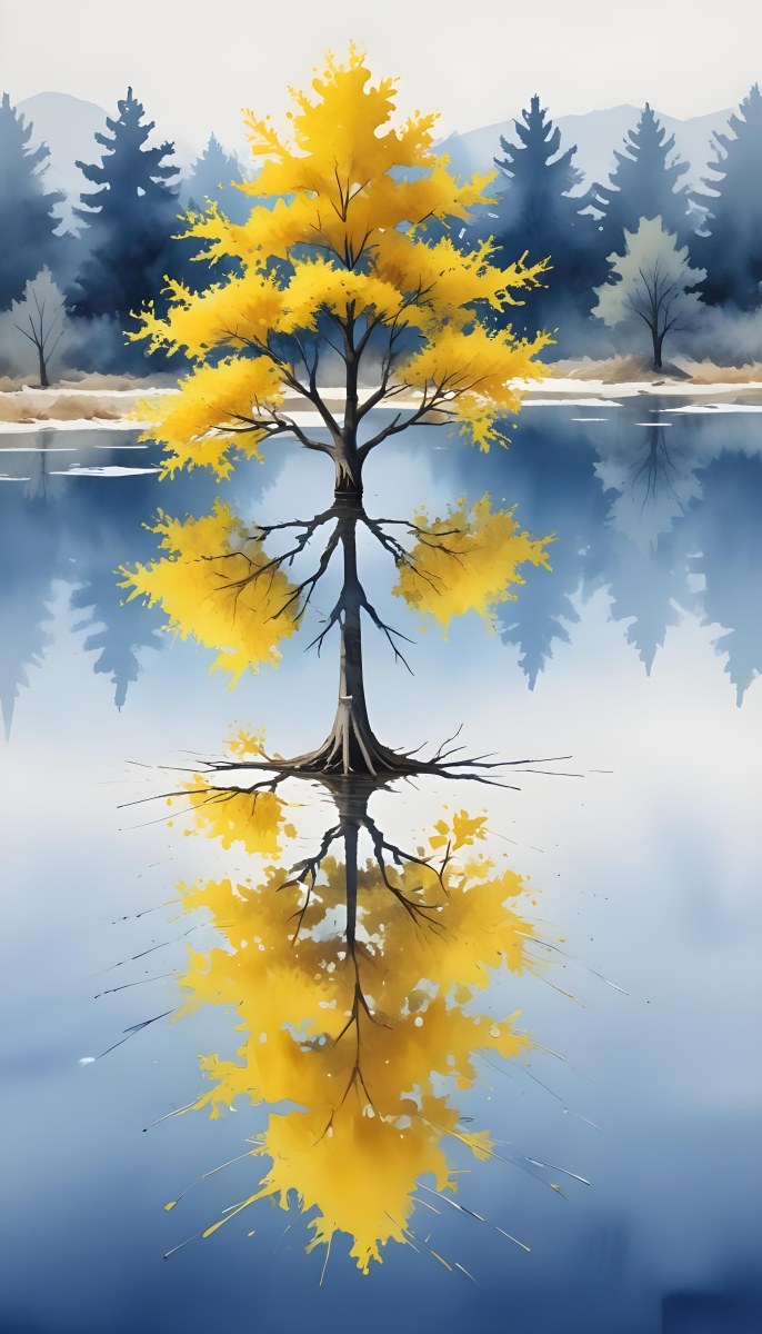 A Yellow Tree In The Middle Of A Lake With A Reflection On The Water Clear Blue Sky In The Background 37 B053