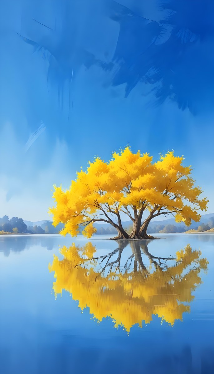 A Yellow Tree In The Middle Of A Lake With A Reflection On The Water Clear Blue Sky In The Background 39 B2ab