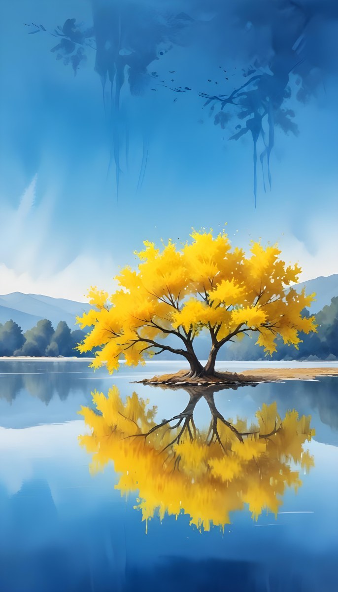A Yellow Tree In The Middle Of A Lake With A Reflection On The Water Clear Blue Sky In The Background 40 1f93