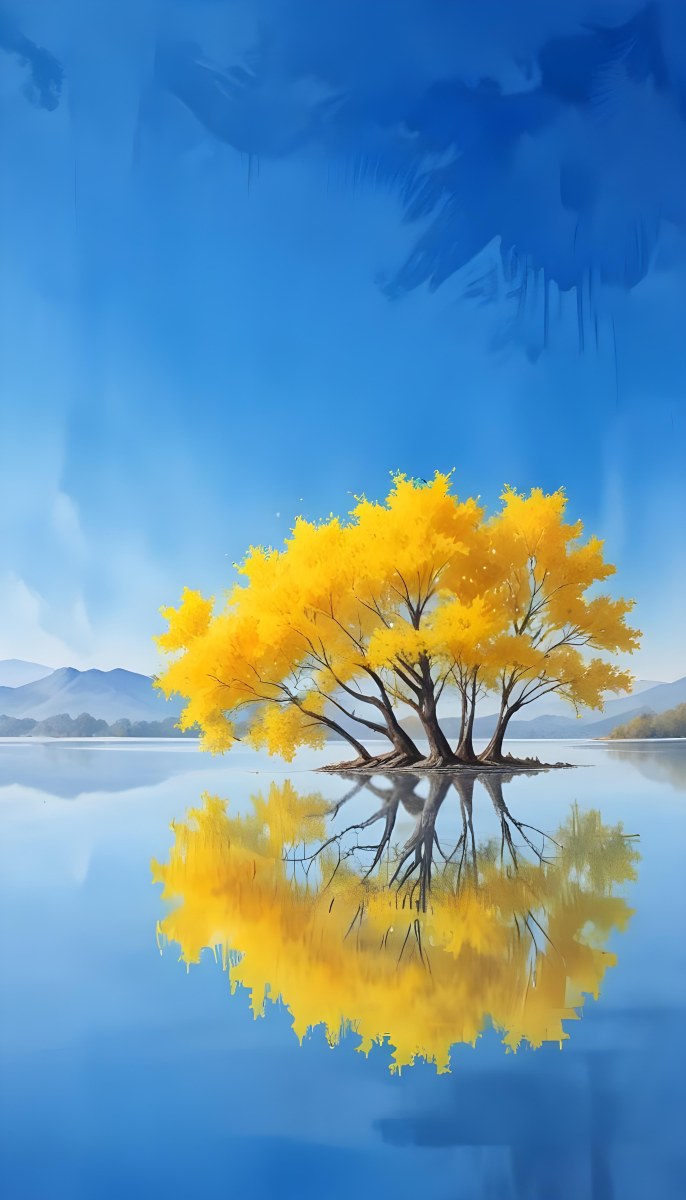A Yellow Tree In The Middle Of A Lake With A Reflection On The Water Clear Blue Sky In The Background 5 Aa51