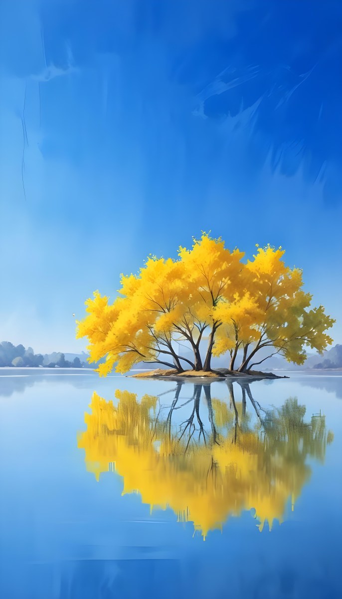 A Yellow Tree In The Middle Of A Lake With A Reflection On The Water Clear Blue Sky In The Background 6 D71b