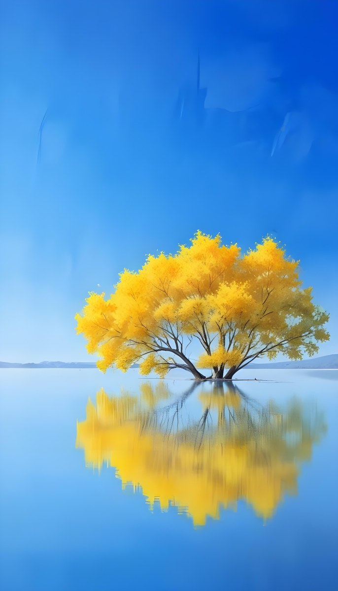 A Yellow Tree In The Middle Of A Lake With A Reflection On The Water Clear Blue Sky In The Background 7 F44f