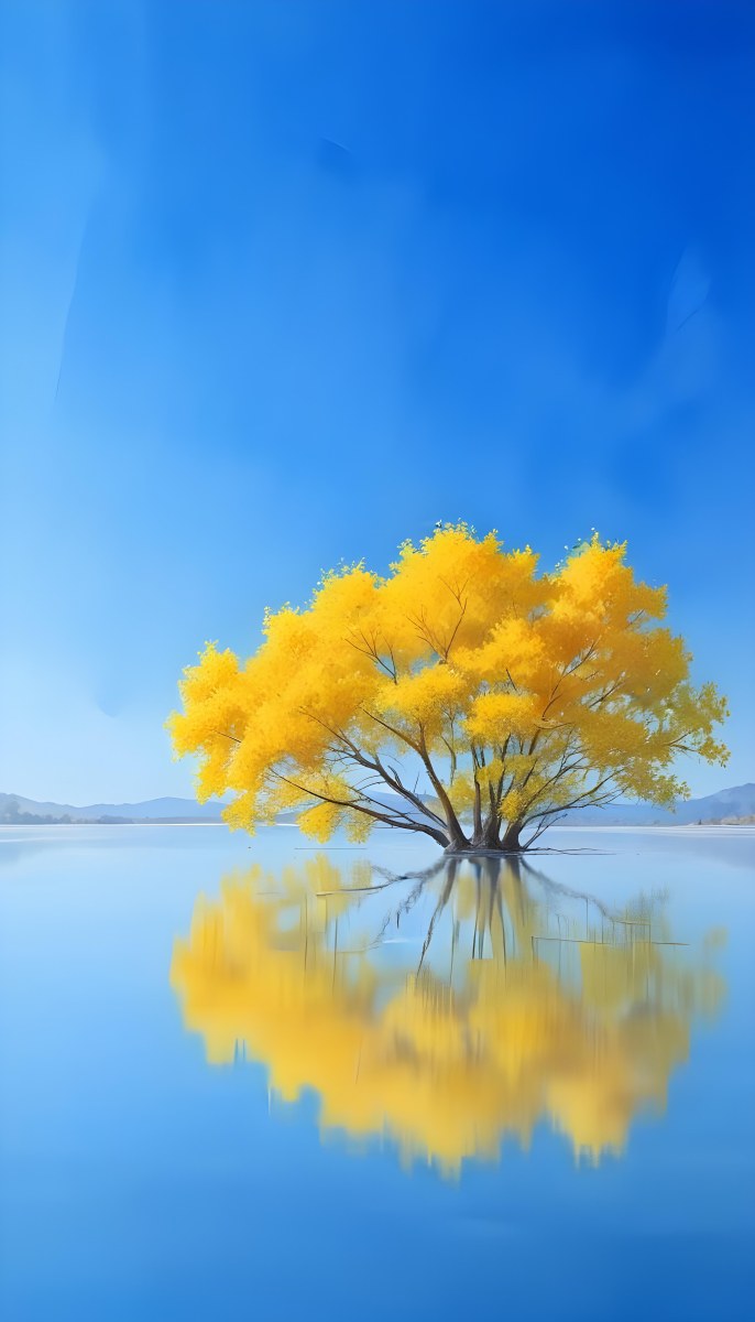 A Yellow Tree In The Middle Of A Lake With A Reflection On The Water Clear Blue Sky In The Background 8 D265