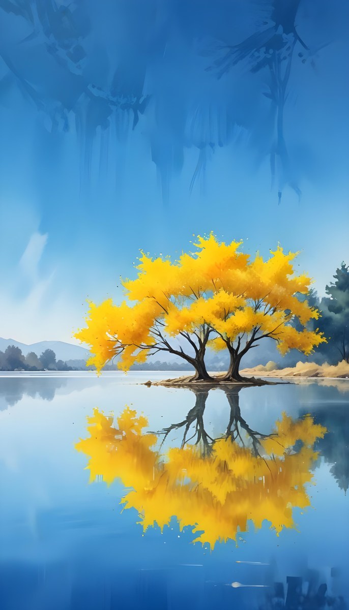 A Yellow Tree In The Middle Of A Lake With A Reflection On The Water Clear Blue Sky In The Background 9 4db3
