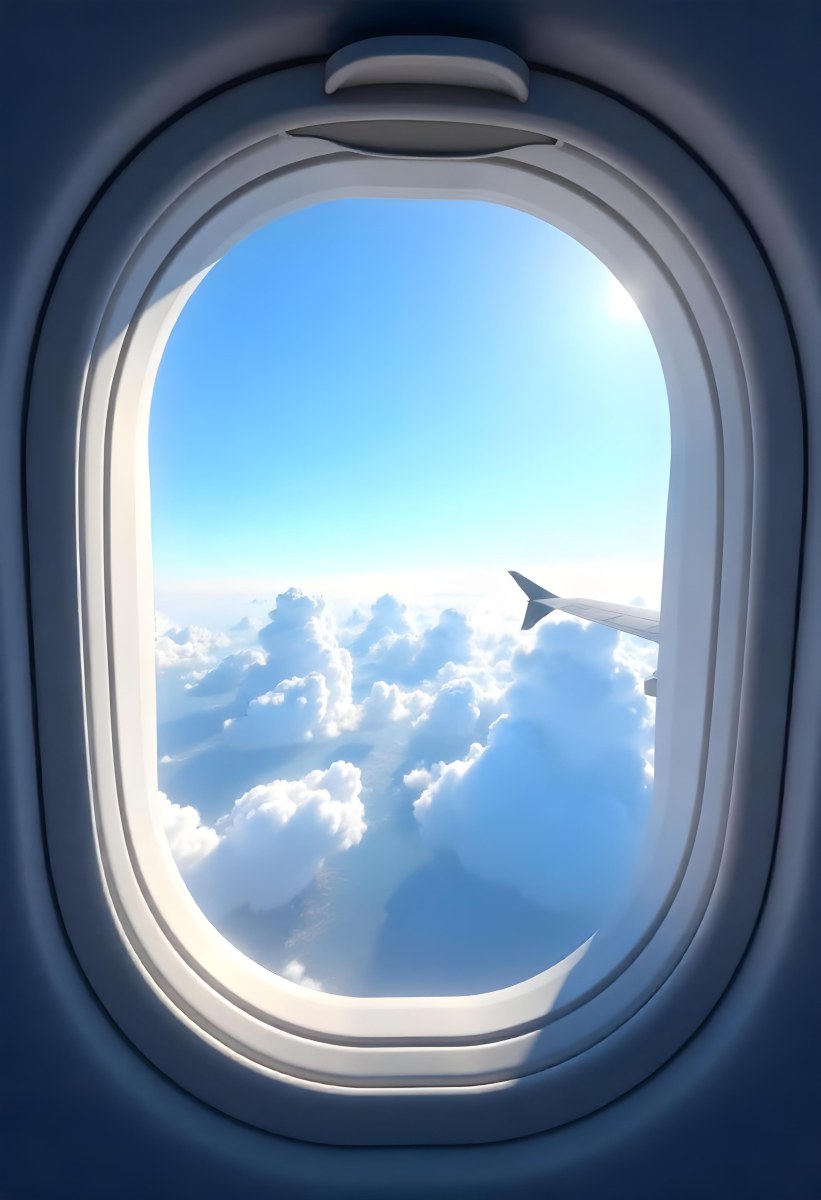 Airplane Window View With Blue Sky And White Clouds Bright Sunlight Shining Through The Clouds Creating A Sense Of Altitude And Freedom 5 6342