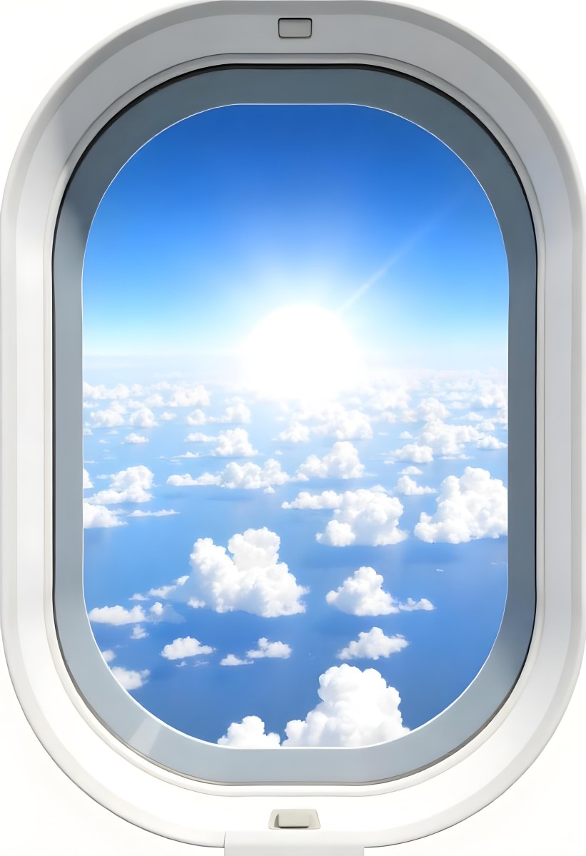 Airplane Window View With Blue Sky And White Clouds Bright Sunlight Shining Through The Clouds Creating A Sense Of Altitude And Freedom 7 9614