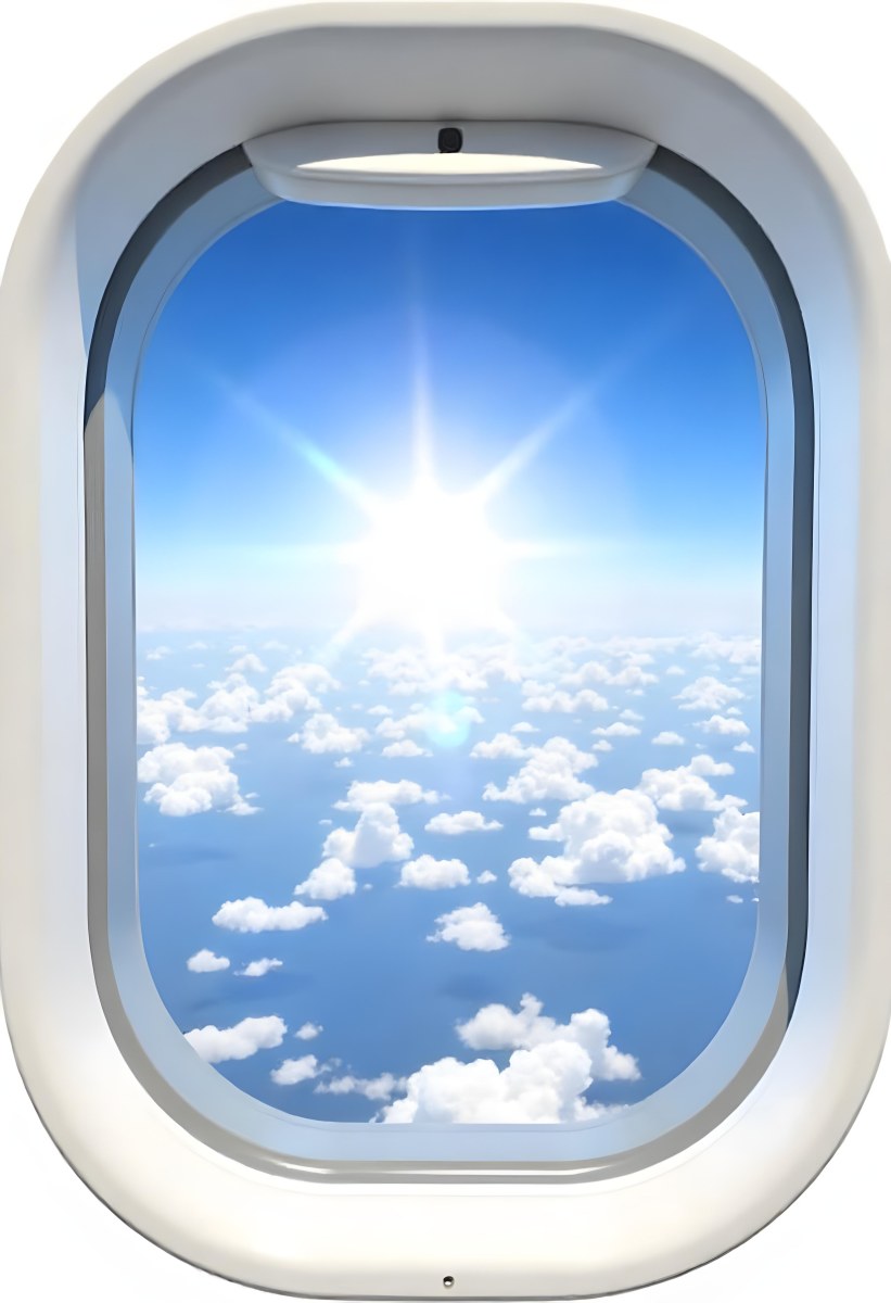 Airplane Window View With Blue Sky And White Clouds Bright Sunlight Shining Through The Clouds Creating A Sense Of Altitude And Freedom 8 C271